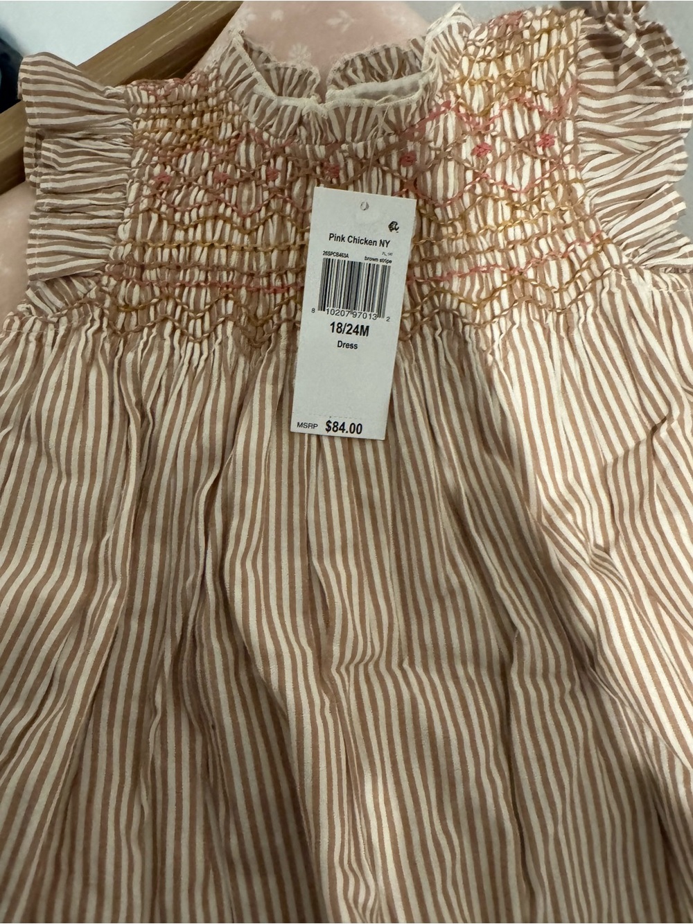 Pink Chicken Cream & Tan Striped Smocked Dress